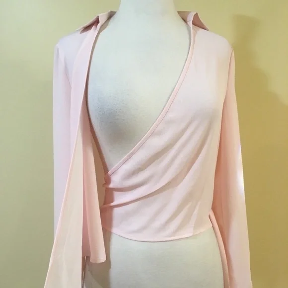 Blush Tie Front Surplice Wrap Around Blouse - Picture 5 of 6